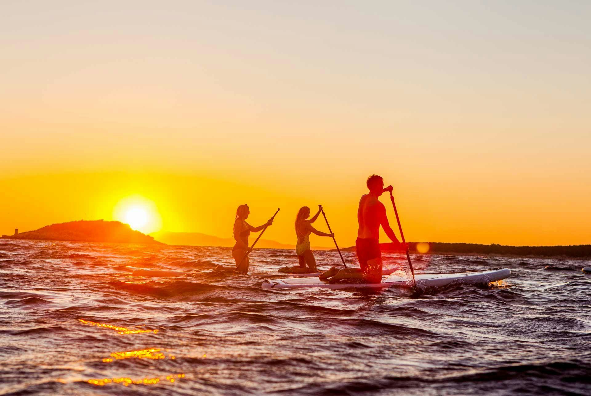 Group of people paddle boarding at sunset